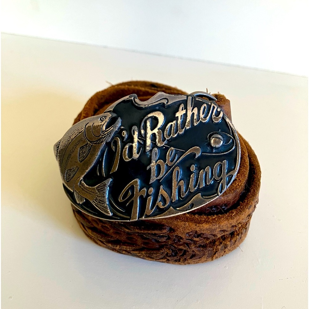Vintage I’d Rather Be Fishing Belt Buckle and Leather Belt